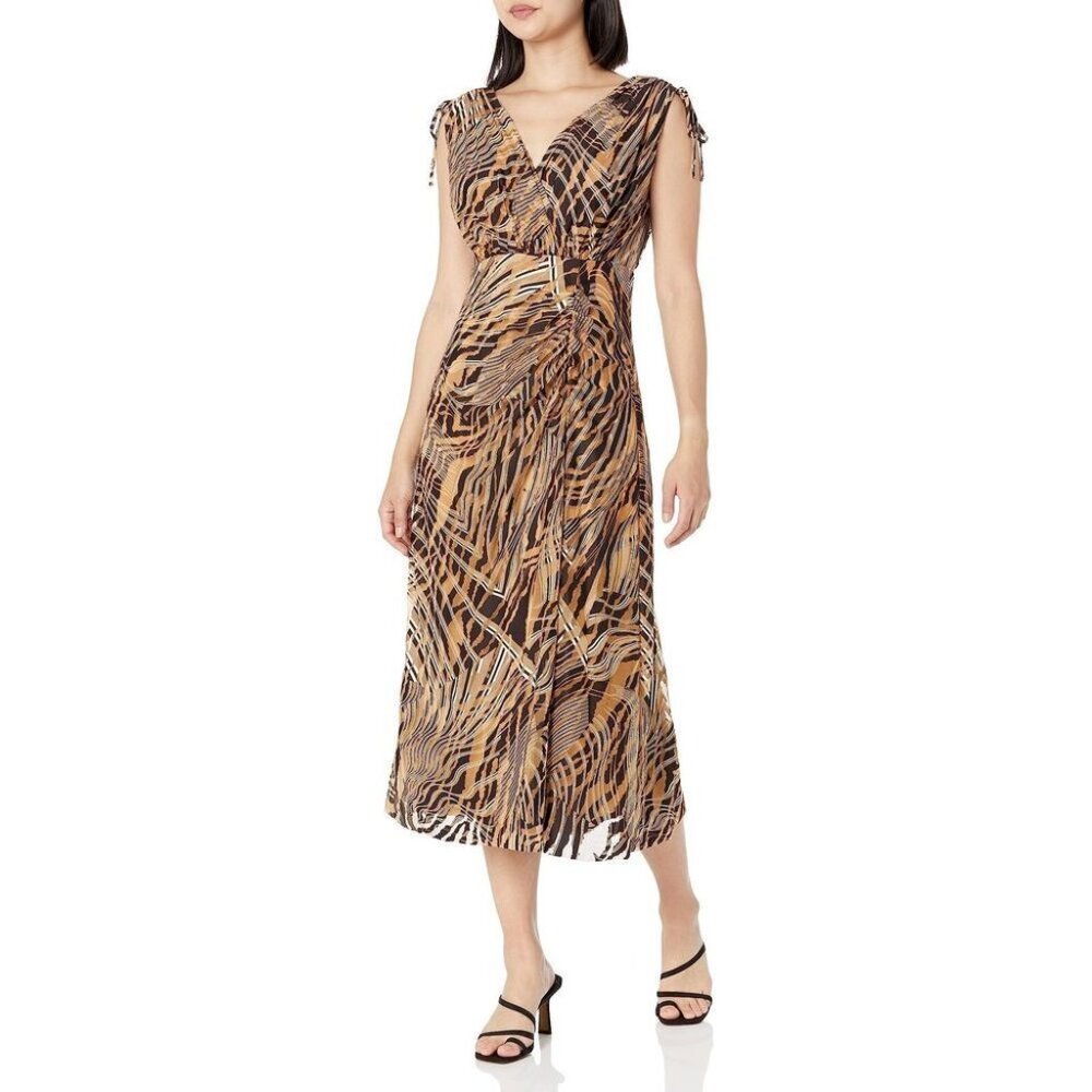Nwt Size L Anne Klein Women's Tie Shoulder Surplice Midi Sleeveless Dress